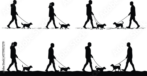 Silhouettes of people walking dogs, leash training, pet care, outdoor lifestyle, companionship, exercise, dog lovers, routine walk, minimal design