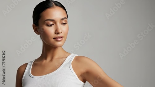 Young woman showcasing smooth skin and natural beauty in a white tank top.