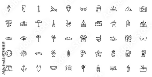 Summer icon set. Vector illustration. Minimal line ions collection. Includes smbols for ice cream, sunglsses, palm tree, swimsuit,cocktail, beach, travel an more. Editable stroke.
