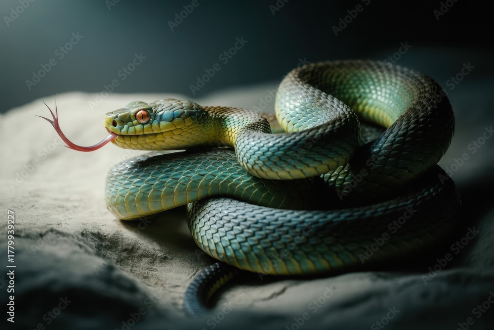 Naklejka premium Dramatic close-up portrait of a coiled green snake on a textured surface
