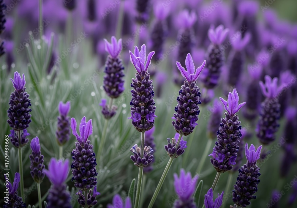 Obraz premium Detailed view of vibrant purple spanish lavender flowers blooming in a field