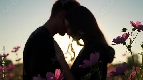 Couple in love kissing in flower field.