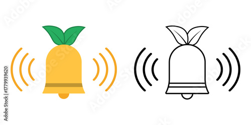 Respectful alert icon showing a soft notification bell with a small leaf sprouting. Ideal for mindful notifications, eco-friendly tech, and gentle digital reminders.