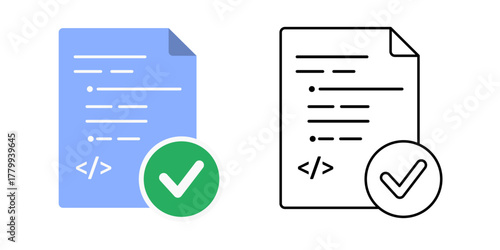 Verified algorithm icon featuring a code sheet with a checkmark badge. Perfect for AI validation systems, software testing processes, and algorithm certification visuals.
