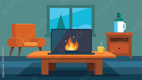 A laptop resting on a wooden coffee table in front of a roaring fireplace creating a cozy yet productive work environment.. Vector illustration