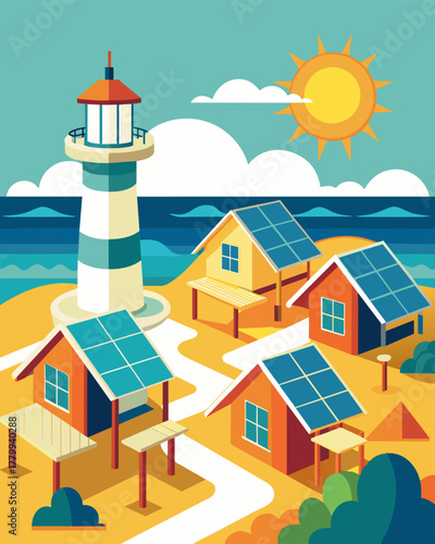 A beachfront resort made up of solarpowered cabins in various shapes and sizes from lighthouseinspired structures to traditional beach bungalows all powered by the suns energy.. Vector illustration