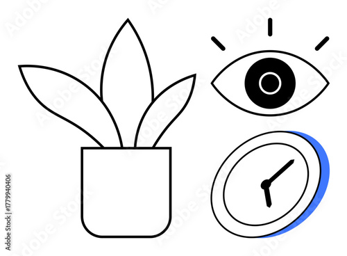 Potted plant, eye with radiating lines, and clock representing mindfulness, focus, time management. Ideal for wellness, productivity, growth, balance vision simplicity flat metaphor