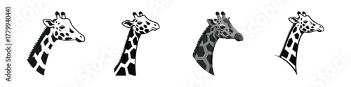 Set of four minimalist giraffe head icons representing wildlife and safari concepts