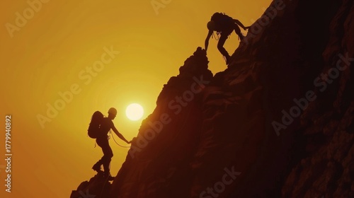 Climbers ascend a steep rock face during a vibrant sunset