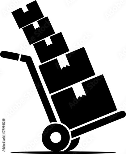 Black silhouette of a hand truck loaded with stacked cardboard boxes, symbolizing shipping and logistics