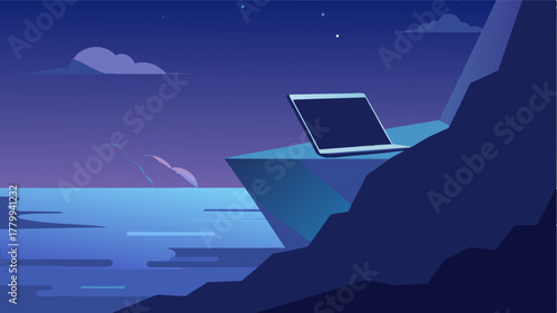 A laptop rests on the edge of a steep cliff its screen glowing against the backdrop of the vast shimmering ocean.. Vector illustration