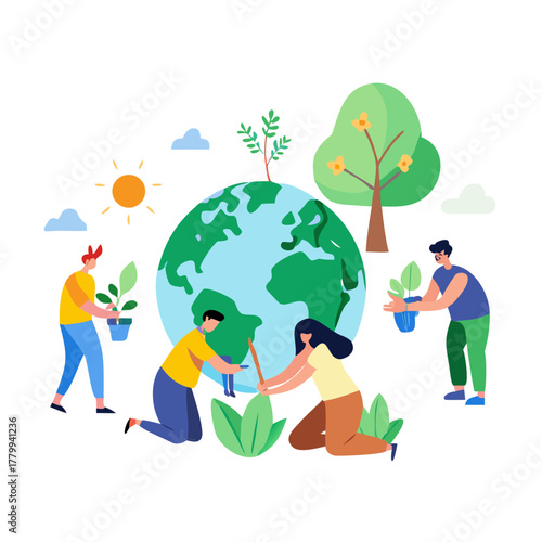 Global community effort planting trees and nurturing plants for a sustainable future, illustrating environmental protection and ecological responsibility