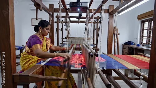 Indian artisan weaving traditional fabric using advanced technology in a modern workshop showcasing India's innovative future and rich cultural heritage