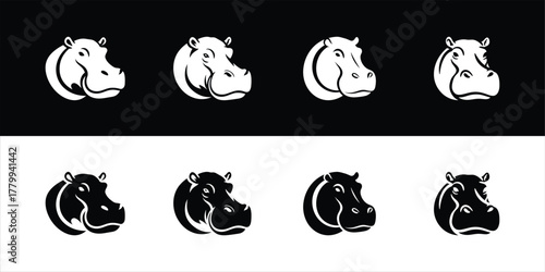 Hippopotamus Head Silhouette in Contrasting Styles for Graphic Design