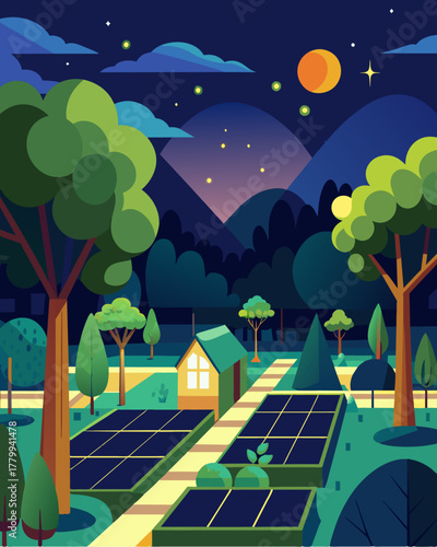 A community garden glows at night thanks to the solarpowered lights strewn through the rustling leaves of the trees creating a tranquil retreat.. Vector illustration