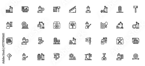 Construction icon set. Vector illustration. Minimalit icons pack. Includes symols for crane, blueprint, ngineer, tools, building, echanic, robotic arm, manuacture and more.