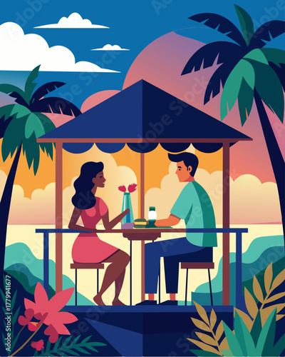 A couple enjoys a romantic dinner on the balcony of their treehouse the ocean breeze carrying the scent of the islands tropical blooms.. Vector illustration