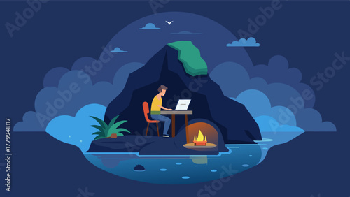 A hidden cave on the island with a freelancer carving out their own peaceful workspace surrounded by candlelight and ocean sounds.. Vector illustration