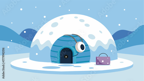 A small speaker playing soothing tunes creating the perfect ambiance for working in the snowy igloo.. Vector illustration