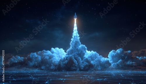 Rocket launch ascending through glowing blue clouds under a starry night.