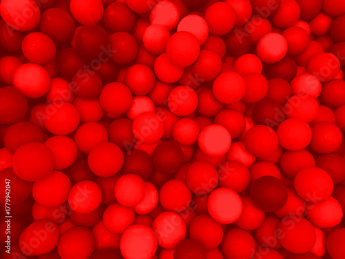 Red color many plastic balls background.