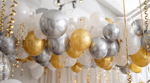 Celebratory balloon arrangement with gold, silver, and white balloons and streamers indoors scene