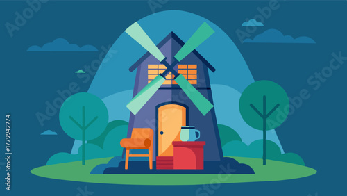 A cozy reading nook tucked away in the corner of the windmill perfect for a midday break or brainstorming session.. Vector illustration