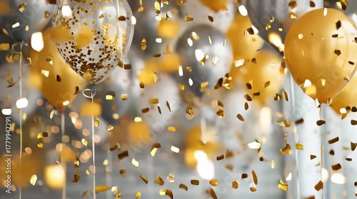 A festive scene of gold and silver balloons with confetti floating in the air creating a celebratory mood