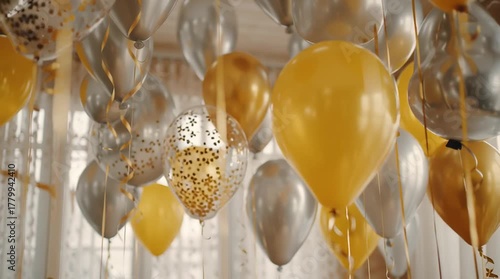 A festive display of gold and silver balloons floating near a bright window celebration decor party