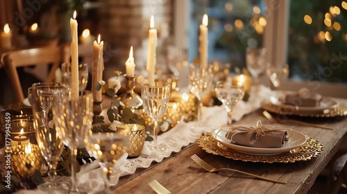 Elegant table setting with candles glasses and gold accents creating a warm ambiance indoors
