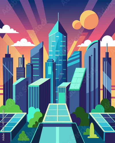 A futuristic cityscape where every building is equipped with solar cells creating a dazzling display of gleaming panels amidst the concrete jungle.. Vector illustration