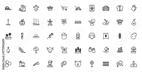 Agriculture & gardening icon set. Vector illustratio. Farm life symbols includng hose, boots, scarecrow,tractor, farmer, harvest, rops, tools and more.