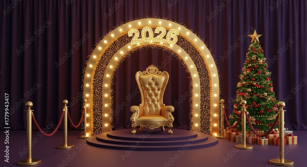 Fototapeta premium Luxurious golden throne under illuminated archway with festive christmas tree illustration
