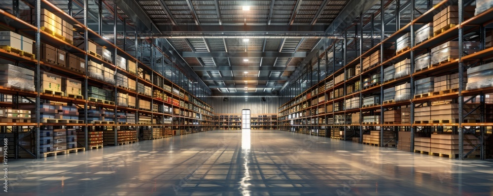 Fototapeta premium Large warehouse interior with rows of stacked pallets and boxes