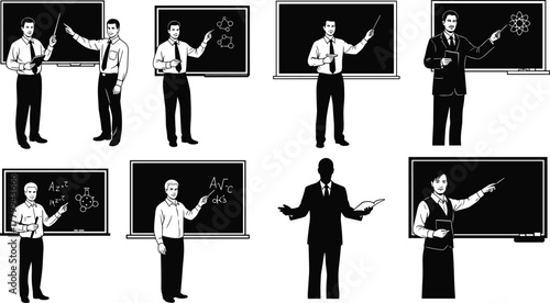 Teacher, blackboard, education, classroom, lecture, science, math, chemistry, equations, diagrams, formal attire, pointing, book, teaching, pose, academic, instruction, concept, isolated, illustration