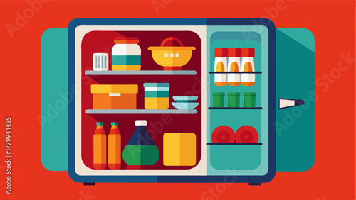 A fully stocked mini fridge with snacks and drinks ensuring you have all the sustenance you need to power through your todo list.. Vector illustration