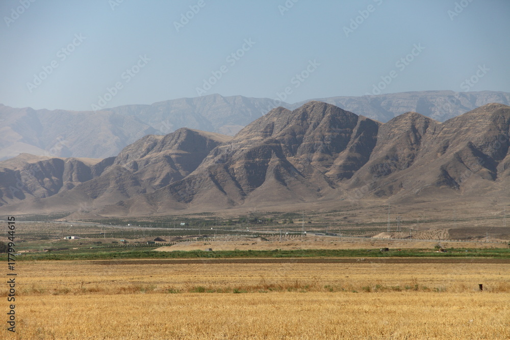 Fototapeta premium Markau Mountain near Ashgabat with arid valley, dry hills and sparse trees under clear blue sky. g.