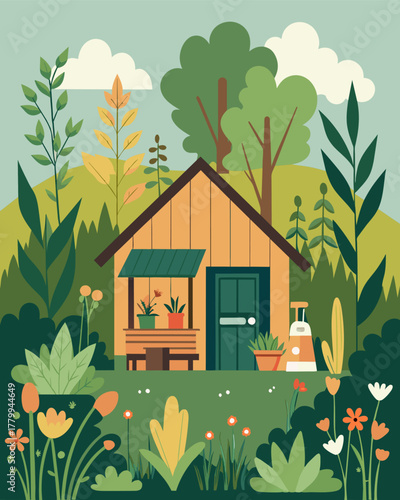 A small garden filled with herbs and wildflowers grows just outside the cabin providing the freelancer with a daily dose of nature and a source of ingredients for their cooking. Vector illustration