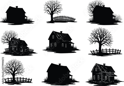 Abandoned house silhouette, rural decay illustration, broken fence art, eerie tree design, black and white scene, haunted landscape, spooky home, mystery theme, winter vibe