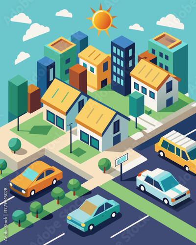 A densely populated urban neighborhood that has converted its street parking meters into solarpowered charging points for electric cars promoting sustainable city living.. Vector illustration