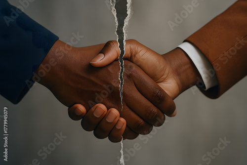 Broken Bond: Two hands, one light and one dark, attempt to shake hands despite a tear, symbolizing broken agreements or strained partnerships.