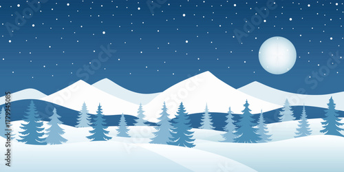 Minimalistic winter landscape, evening and moon, mountains and forest, snowdrifts and snowfall, vector illustration