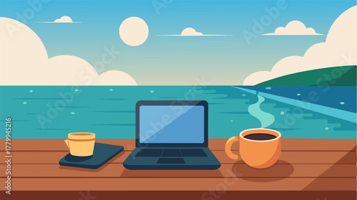 A cup of steaming coffee sits next to a laptop on a wooden pier a perfect work setup overlooking the vast expanse of the sea.. Vector illustration