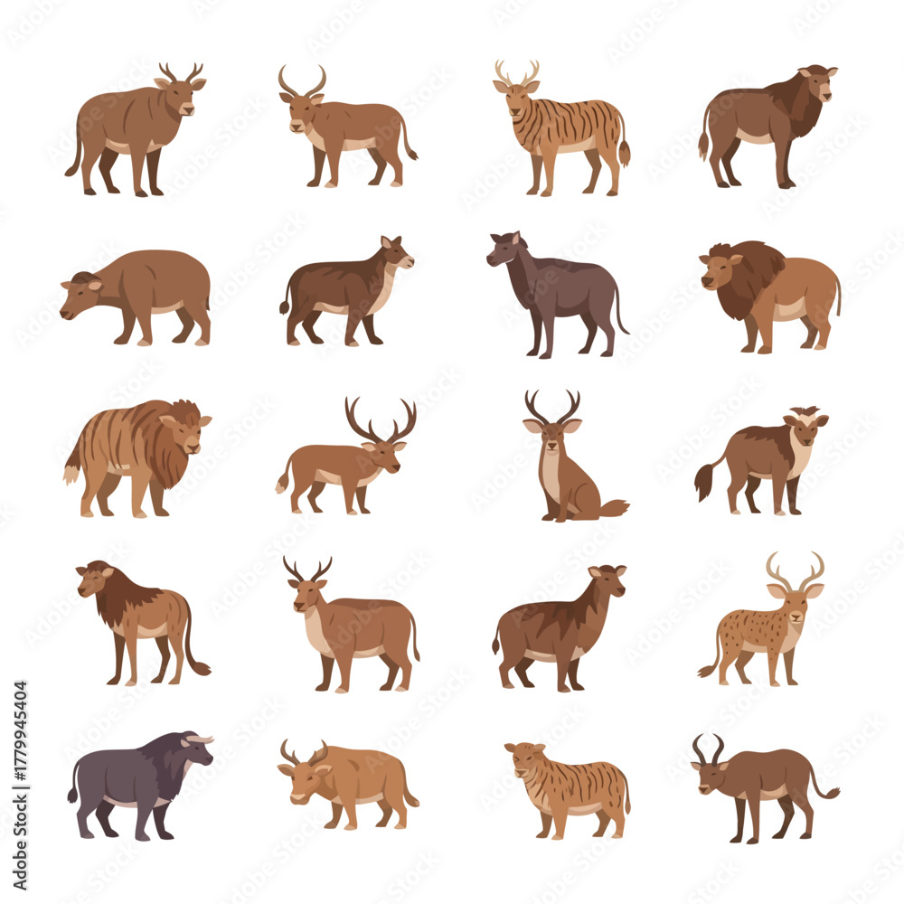 Obraz premium Collection of various farm and wild animals depicted in a stylized illustration format, showcasing diverse species