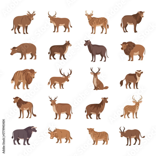 Collection of various farm and wild animals depicted in a stylized illustration format, showcasing diverse species
