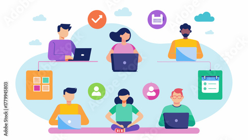 A diagram displaying the implementation of a hybrid work model with a mix of inperson team building activities and remote project work.. Vector illustration