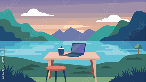 A laptop sits abandoned on a table as its owner takes a moment to enjoy the view of the nearby lake.. Vector illustration