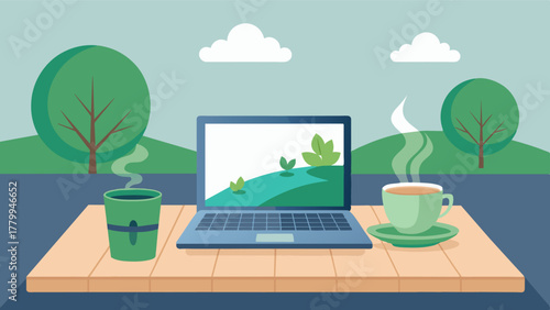 A laptop sits next to a cup of steaming green tea on a wooden table in the Zen garden a reminder to take breaks and prioritize selfcare while working.. Vector illustration