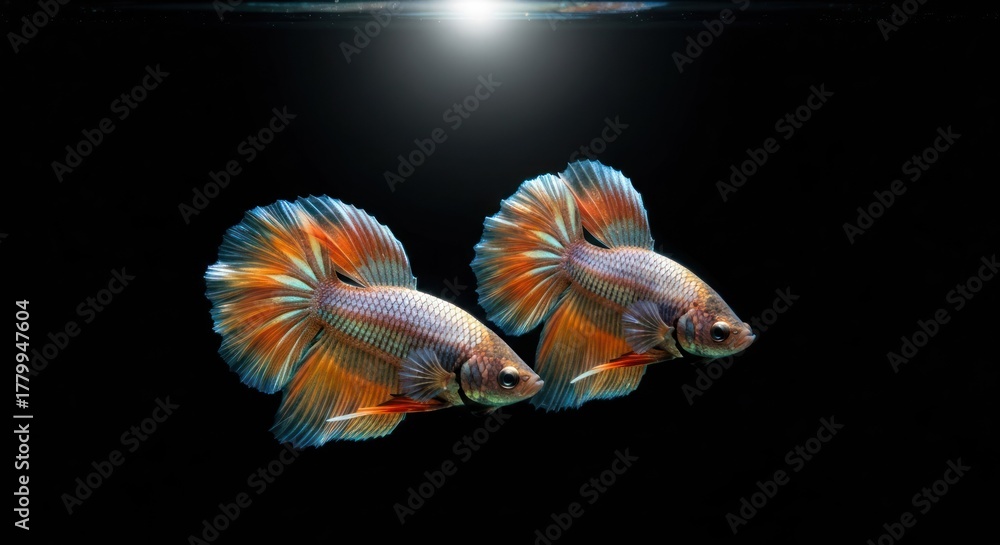 Fototapeta premium Two Siamese fighting fish with vibrant, flowing fins against a black backdrop. A spotlight highlights their graceful movements