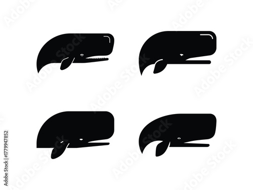 A collection of four simple black sperm whale silhouette icons isolated on a white background
